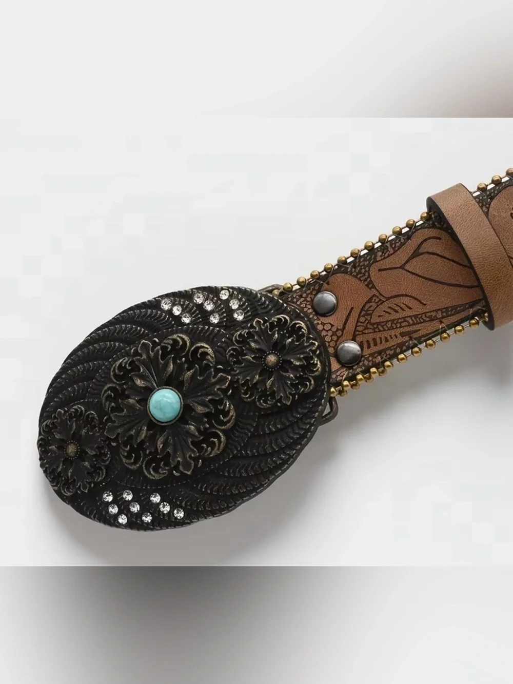 Western Floral Tooled Brown PU Leather Belt with Turquoise Accent